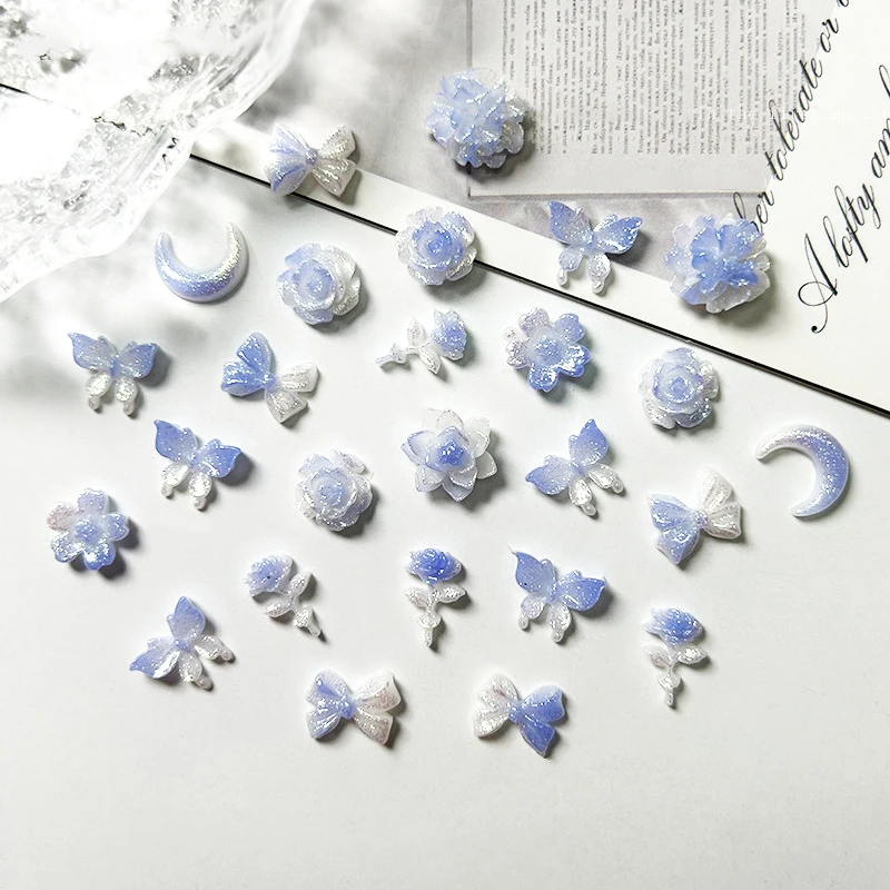 Glitter White Blue Rose 3D Nail Art Decorations Flower Butterfly Bowknow Moon Shiny Nail Charms Grow-In-Dark DIY Manicure Supply