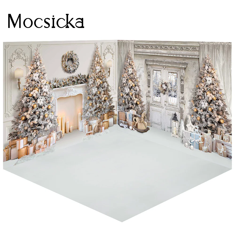 3D White Christmas Room Family Party Background Fireplace Retro Door Xmas Tree Birthday Portrait Backdrops Photography Studio