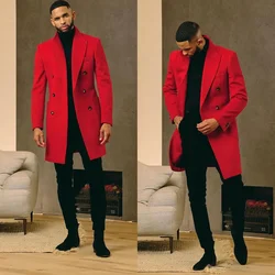 Red Double Breasted Long Men Suit Jacket Male Formal Overcoat Wedding Tuxedos One Pieces