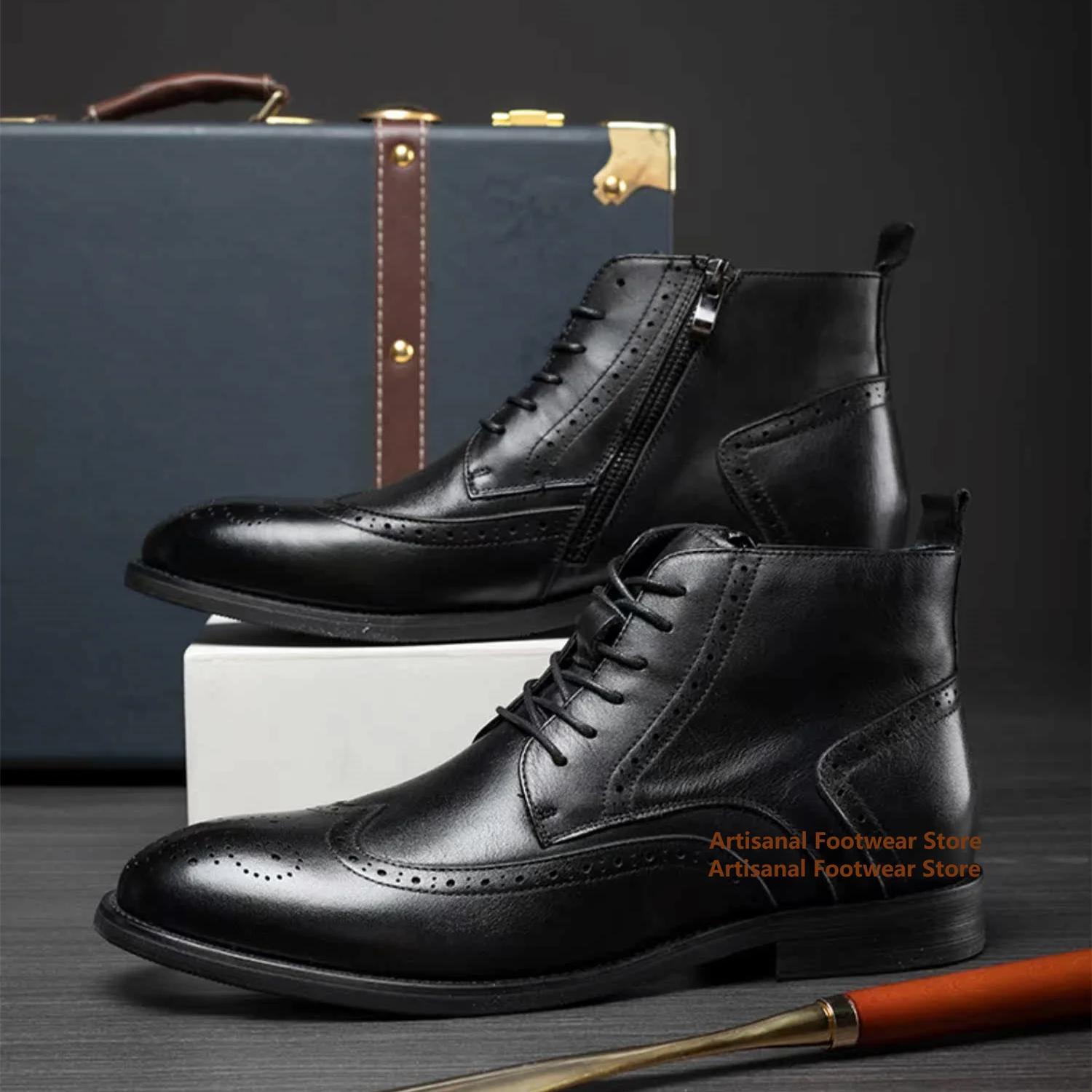 

Carved Side Zipper Chelsea Boots Men's Leather High Top Boots British Style Black/brown Casual Breathable Short Boots Men's Shoe