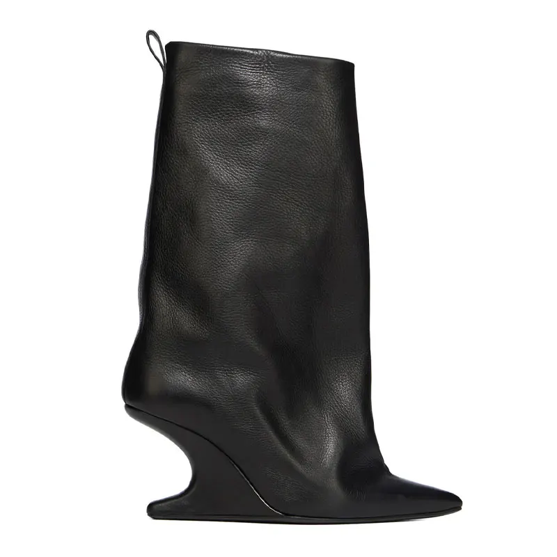 

2026 Black Peep - Toe Wedge Knee - High Boots, Sculptural Wavy Calf Design, Modern Avant - Garde Style, Perfect for Bold Fashion