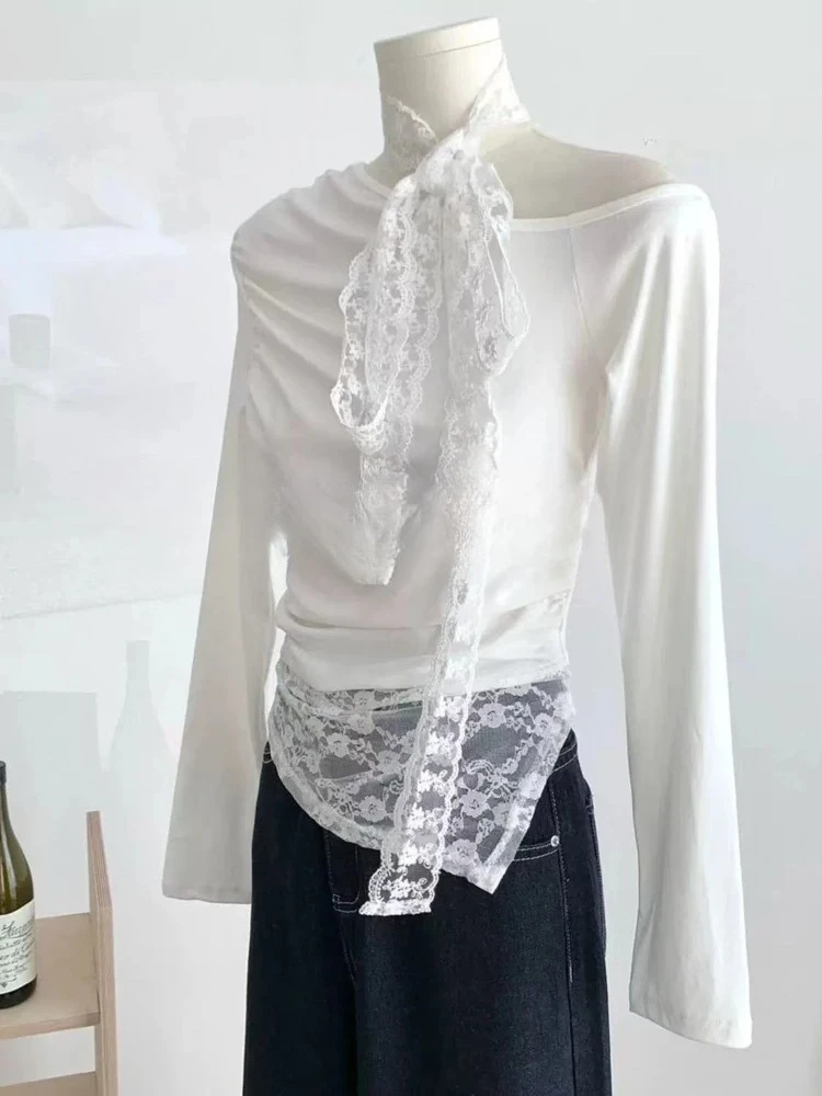 甘いレースパッチワーク女性の Tシャツオフショルダー長袖 Y2k ホワイトトップス新ファッション Tシャツスリムフィットエレガントシックな服
