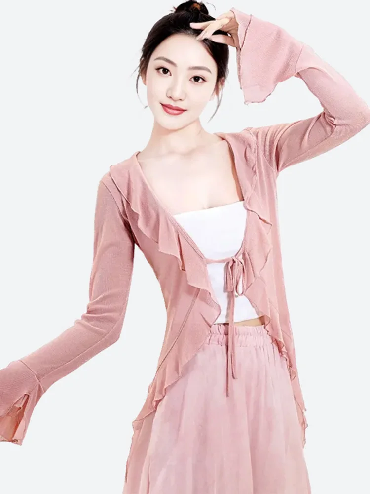 سترة أنيقة ذات لون شبكي وأكمام طويلة مكشكشة، سترة رقص رفيعة لأداء المسرح الحديث