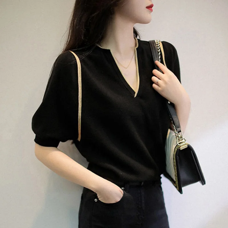 

Faionable V-Ne Ice Silk ort Sve Вязаный повседневный летний топ Универсальная женская футболка свободного покроя золотого цвета