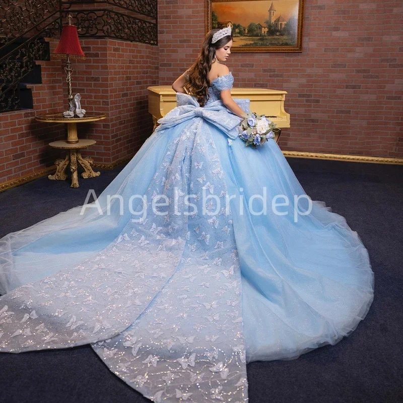 Angelsbridep небесно-голубое блестящее милое платье Quinceanera с открытыми плечами бантом бисером бальное платье милое 16 Vestidos De 15 лет