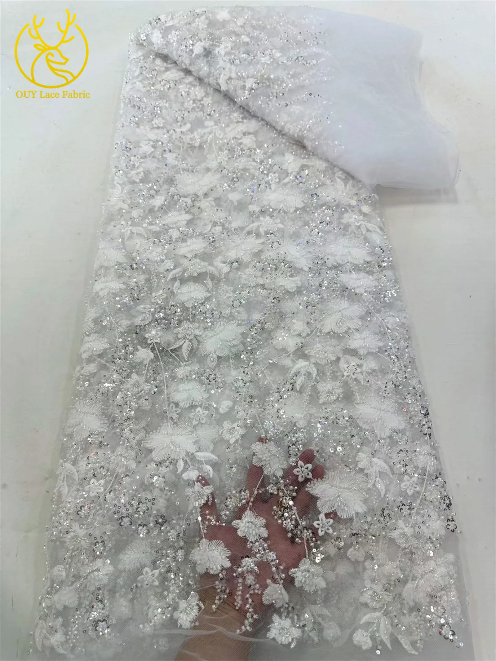 Weißer nigerianischer 3D-Blumen-Stickerei-Mesh-Spitzenstoff, 5 Yards, afrikanischer Spitzenstoff mit Perlen und Pailletten für Hochzeitskleider und Partykleider zum Nähen – Detail 12