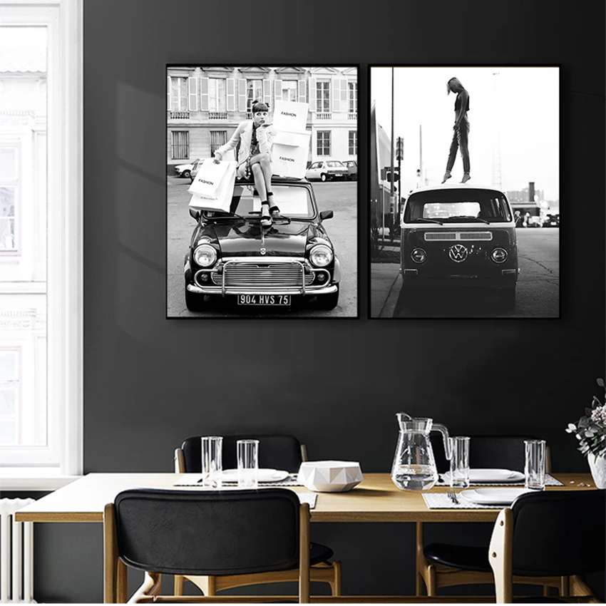 Retro Car Fashion Girl Pictures Home Decor Fashion Retro Style Black White Photo s Vintage Street Art Canvas Painting