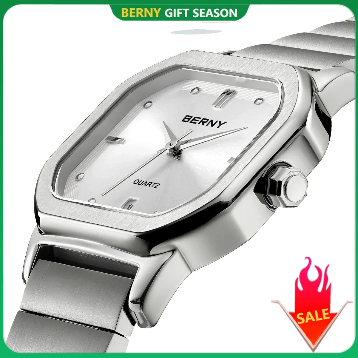 BERNY Watches for Men Full Stainless Steel Square Quartz Men\'s Watch Calendar Date Fashion Business Casual Waterproof Wristwatch