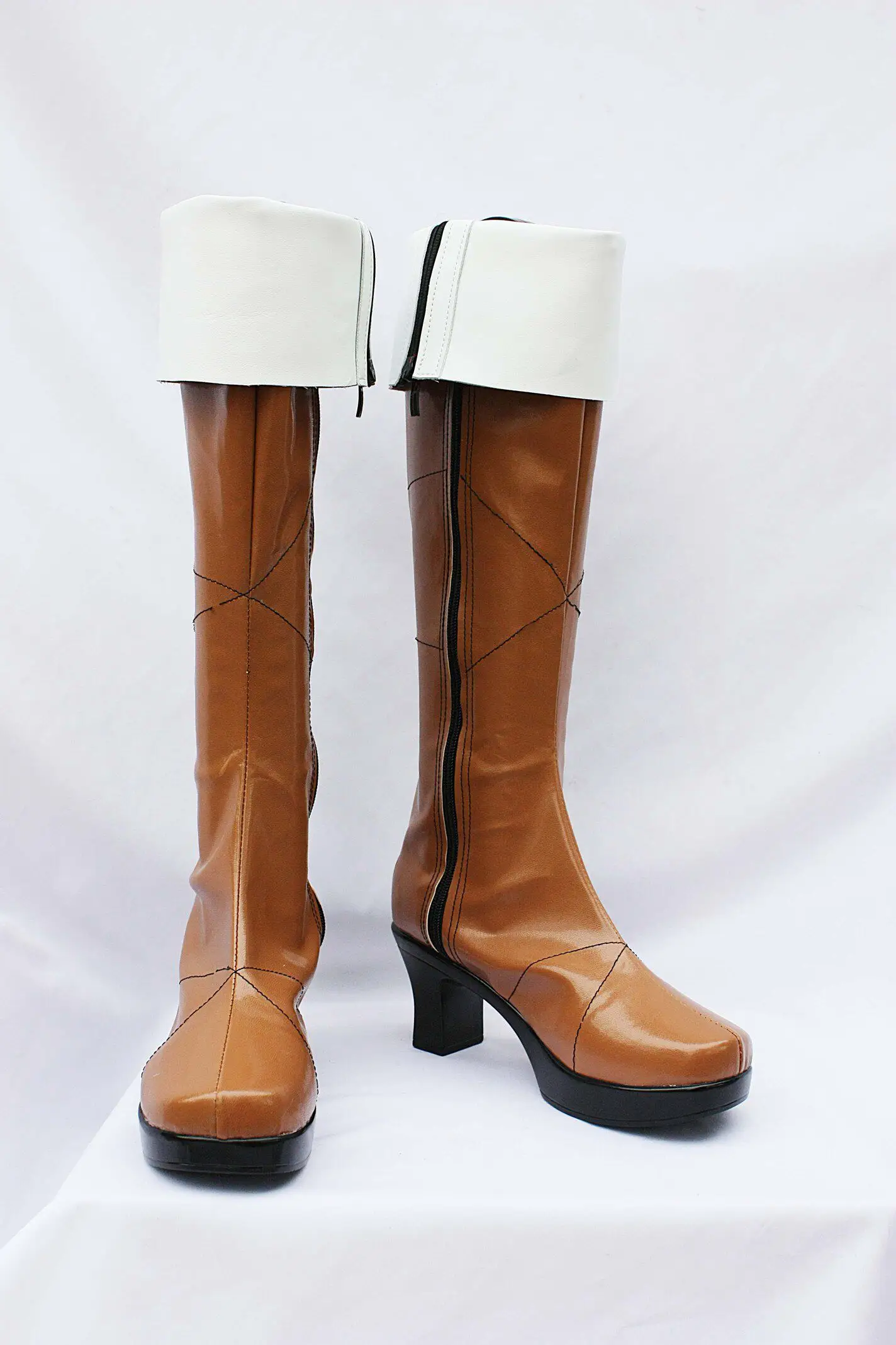 Anime Lamento -BEYOND THE VOID Konoe Cosplay Shoes Brown Long PU Leather Flat Sole Boots For Halloween Carnival