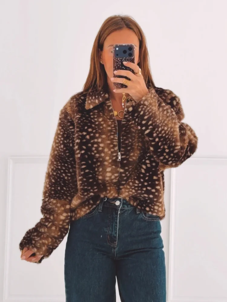Womens Brown Deer Print Faux Fur Jacket Zip Up Long Sleeve Warm Pockets Coat Fall Winter Daily Party Streetwear Trendy Outerwear