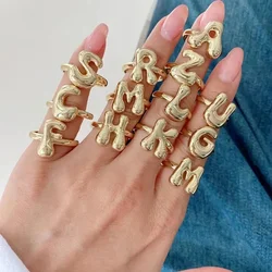 Fashion Gold Plated Chunky Letter Rings for Women Stackable Bubble Initial Open Ring A-Z Alphabet Finger Statement Jewelry