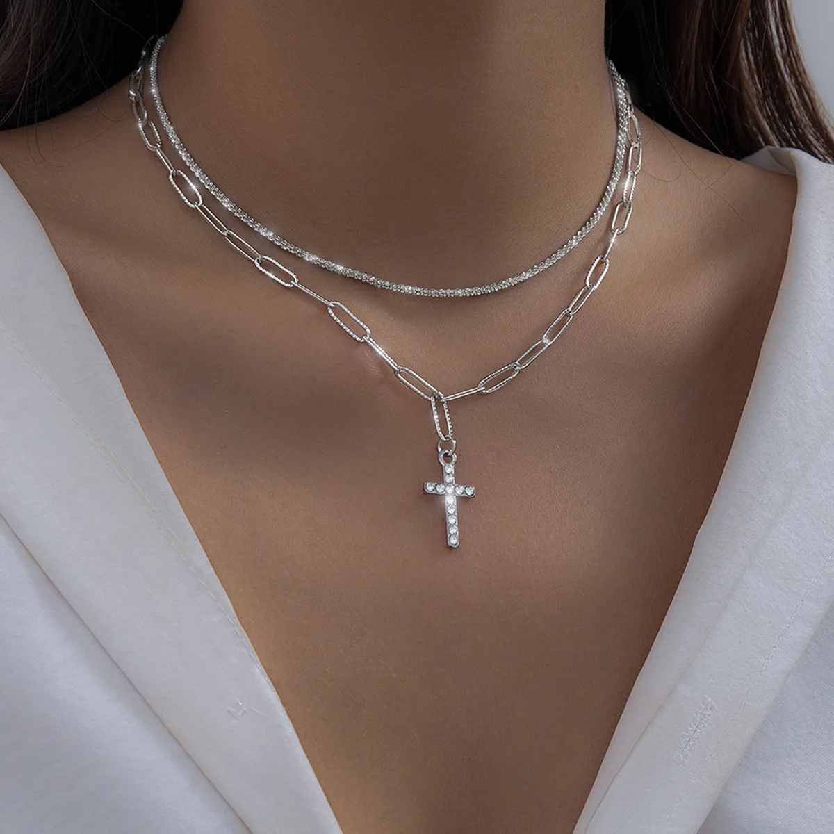 Cross Pendant Necklace Alloy Inlaid Shiny Rhinestone Double Layer Chain Glossy Surface Premium Jewelry for Women Daily