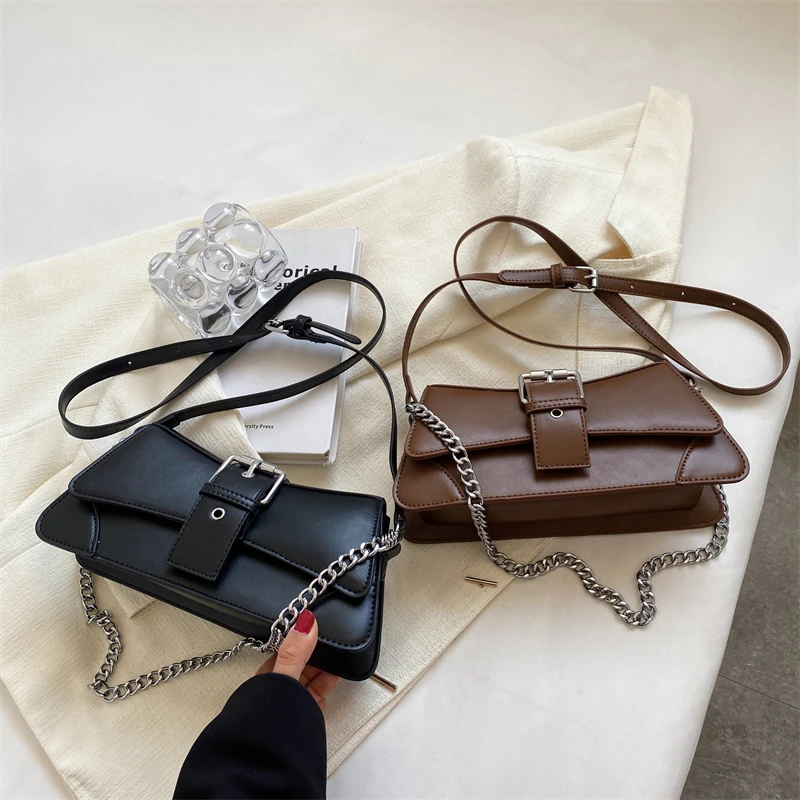 Solid color Women Chain Shoulder Side Bag Small PU Leather Handbag And Wallet Vintage Luxury Brand Lady Flap Crossbody Sling Bag