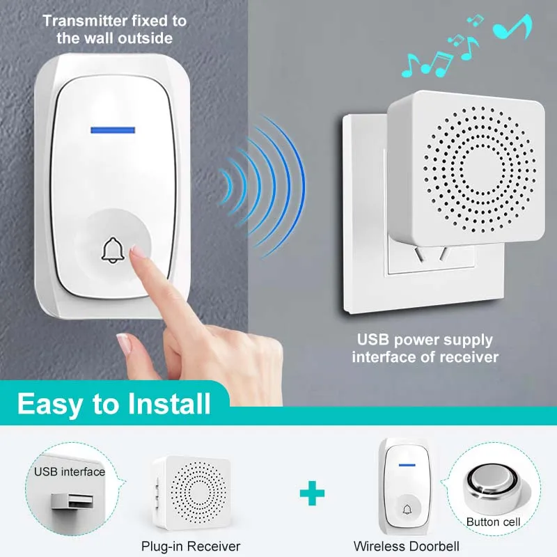 Wireless Doorbell Waterproof Smart Home DoorBell For Store Home Security Protection 38 Ringtone 3 Volume Level Easy Installation