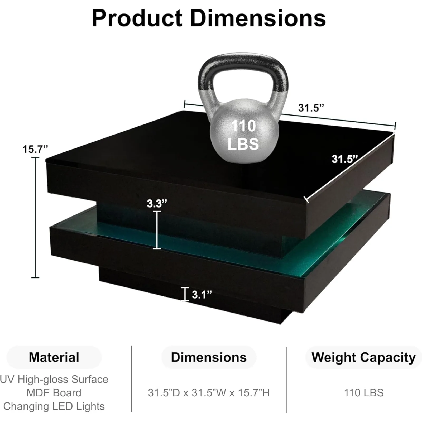 US White LED Coffee Table, 2 Tier Square Coffee Table, High Gloss Coffee Table with 16 Colors LED Lights & Remote Control,Modern