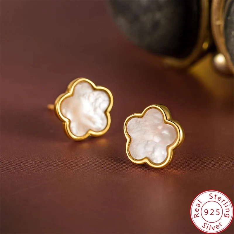 

Real 925 Sterling Silver 18K Gold Plating Fashion Five-Leaf Clover Flowers Shell Stud Earrings for Women Daily Wear Fine Jewelry