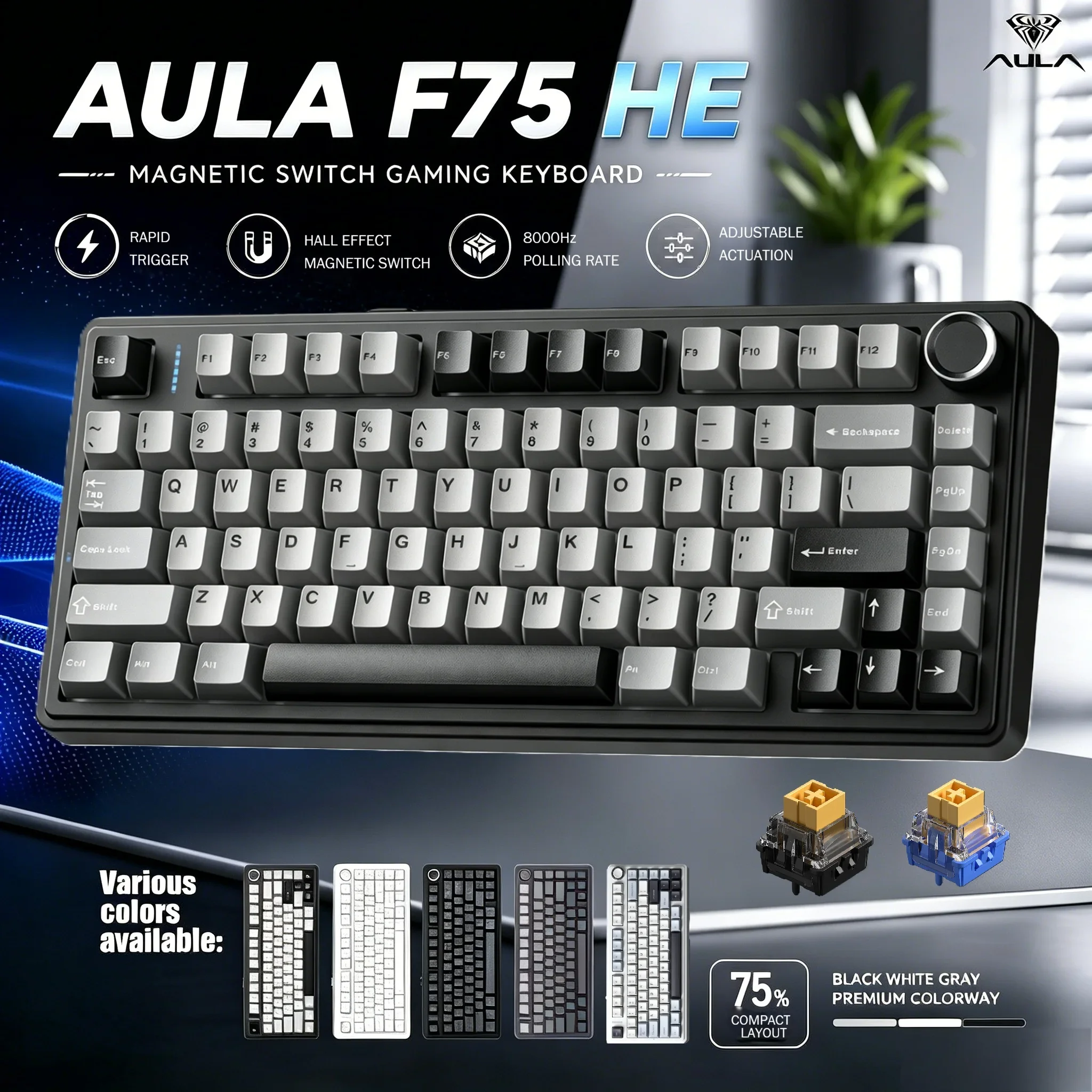 

AULA F75HE Gaming Magnetic Switch Keyboard Hall Effect 8K Polling Rate Tri-mode Wireless 75% Layout 4000mAh RGB Hot Swap 78 Keys