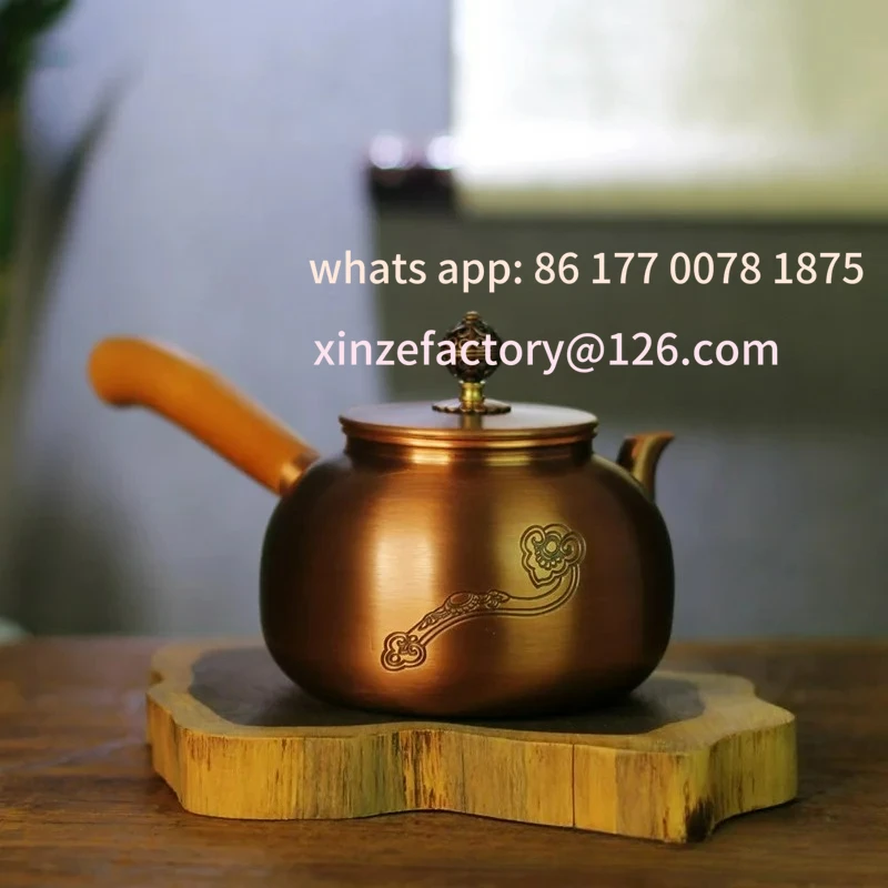 Manico laterale in rame puro personalizzabile, piccola pentola, teiera per sala da tè, incisione, legno retrò in rame addensato fatto a mano