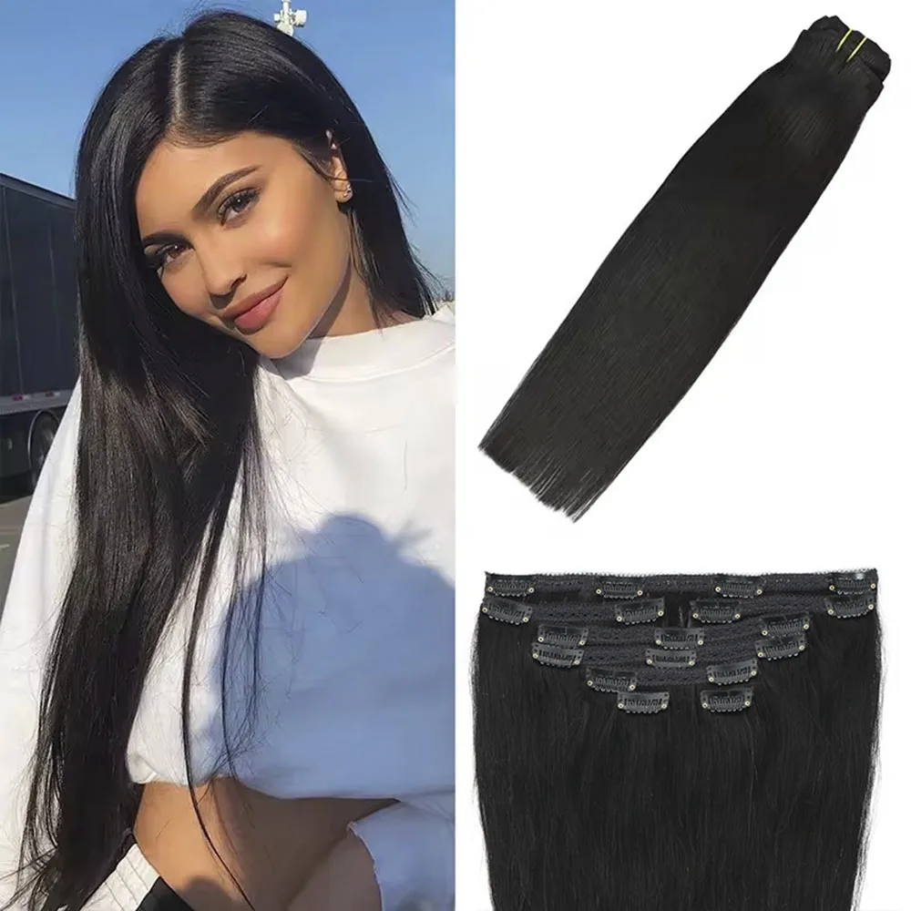 Clip in Hair Extensions Straight Per Set with 18 Clips 100G Double Weft Virgin 100% Human Hair Natural Black Color For Women