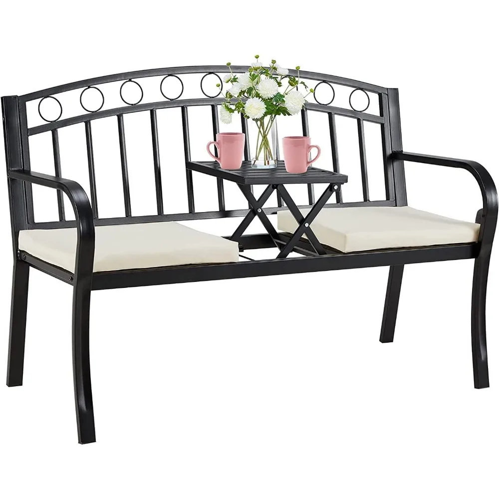 

Outdoor Metal Garden Bench, 2-Seat Patio Porch Bench with Steel Frame, Park Bench w/Pullout Middle Table＆ Cushion