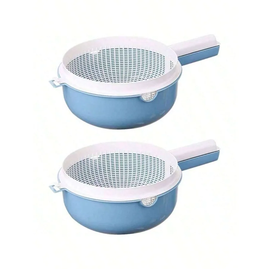 

【New style】2 Pcs Kitchen Colander Strainer Bowl With Long Handle Double Layer Plastic Washing Strainer Rice Fruit Vegetable Was