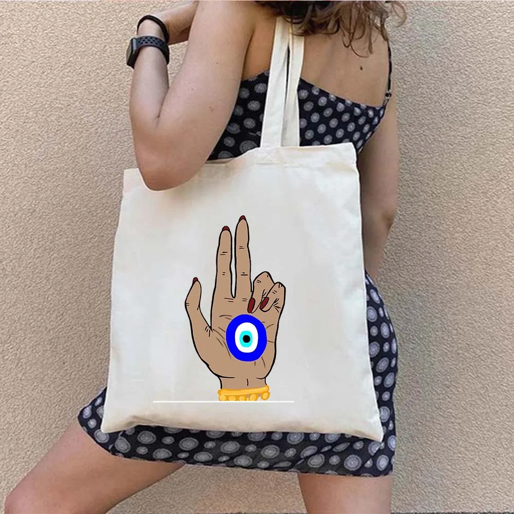 Greek Turkish Colorful Nazar Blue Evil Eye Hamsa Hand Girl Shopper Canvas Tote Bag Amulet GREECE Shoulder Cotton Female Handbags