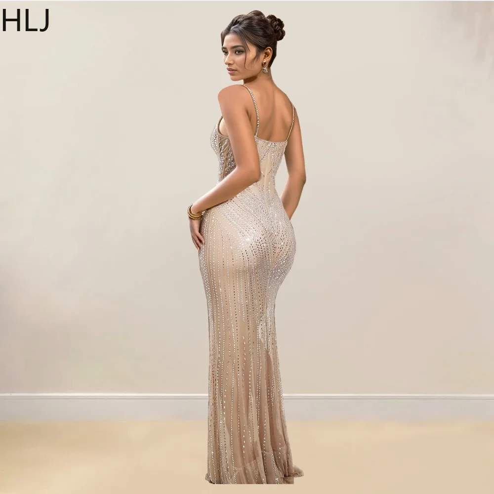 HLJ Fashion Luxury Rhinestones Bodycon Evening Party Spaghetti Strap Long Dress Women V Neck Sleeveless Sleeveless Slim Vestidos