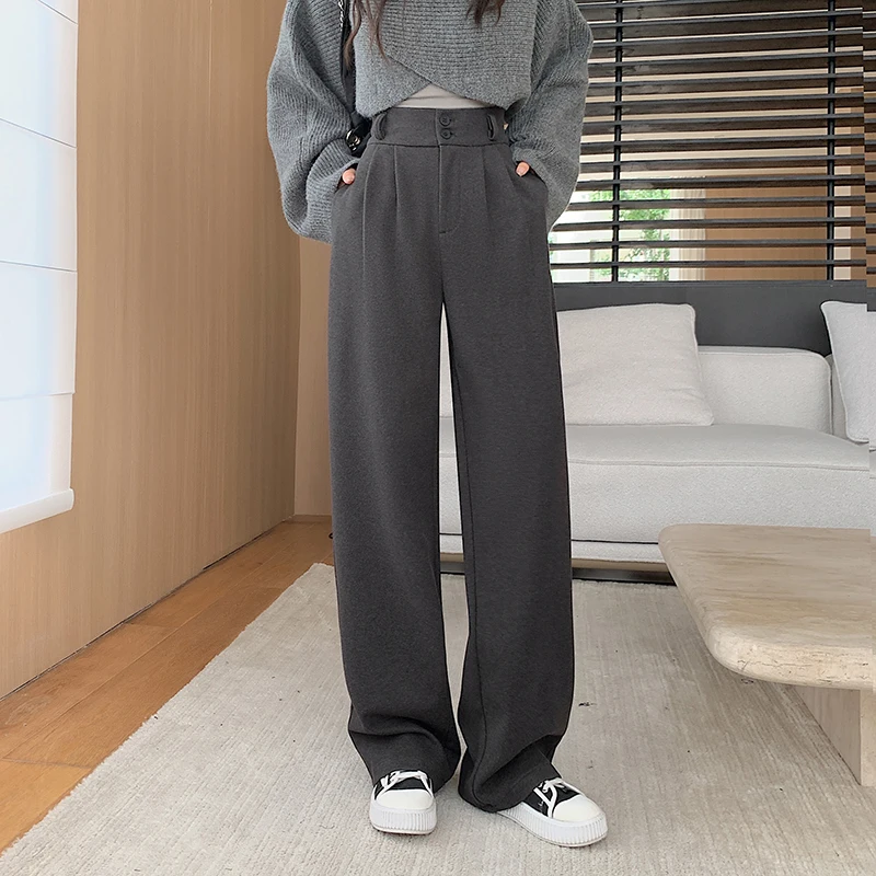 

Толстые осенне-зимние шерстяные прямые брюки с двумя пуговицами, модные брюки с высокой талией и широкими карманами, новинка 2025 года, модные