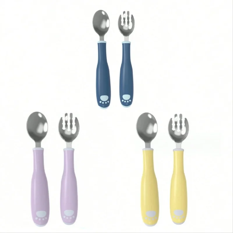 

Children's Stainless Steel Spoon and Fork Set, Baby Eating Training, Flexible Fork, Supplement Food Tools