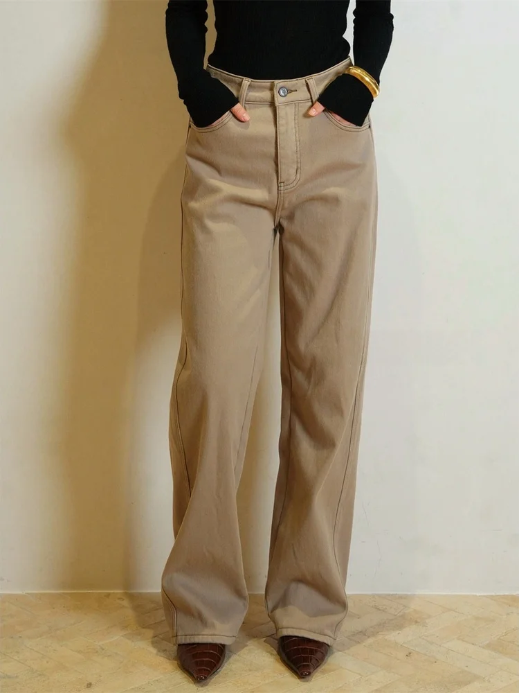 

Утепленные эластичные джинсы из хаки-денима прямого кроя с эластичным поясом, мягкие хлопковые, осенне-зимние, женские