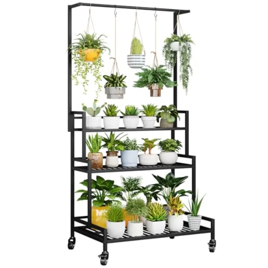 

Indoor/Outdoor 3-Tier Metal Plant Stand with Wheels Black, Sturdy Tiered Shelf for Potted Plants in Window, Garden, Balcony, Li
