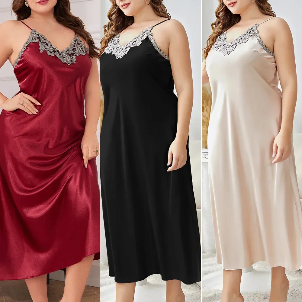 

Long Nightgown Oversize 3Xl 4Xl 5Xl Sleepwear Lady Satin Home Dressing Gown Spaghetti Strap Loose Lingerie Lace Trim Nightwear