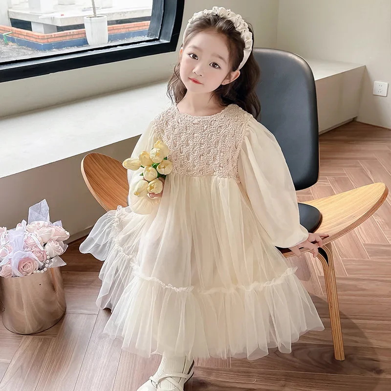 Childrens Clothing 2024 Fashionable Sweet Bubble Sleeve Princess Skirt Childrens Fashionable Long Sleeved Dress