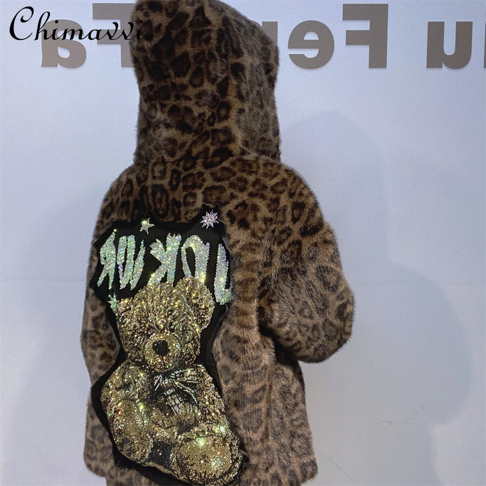 2025 ropa de invierno abrigo pesado con diamantes de imitación moda piel de visón manga larga corta con capucha gruesa chaqueta de piel de visón sintética para mujer