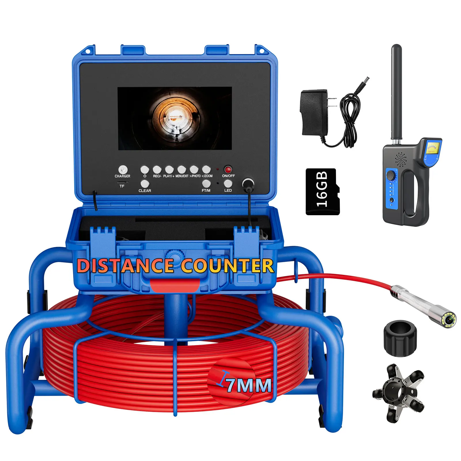 

Pipe Inspection Camera with Meter Counter and Self-Leveling 512HZ Transmitter 7mm 30/50/60M Cable Sewer 7inch Video Endoscope