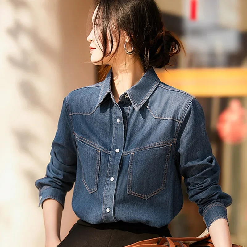 

Pop Women's Denim Shirt New Design Niche Interior Layered French Top Thin Collar Cool Breathable Fashion Versatile Denim Top Sum