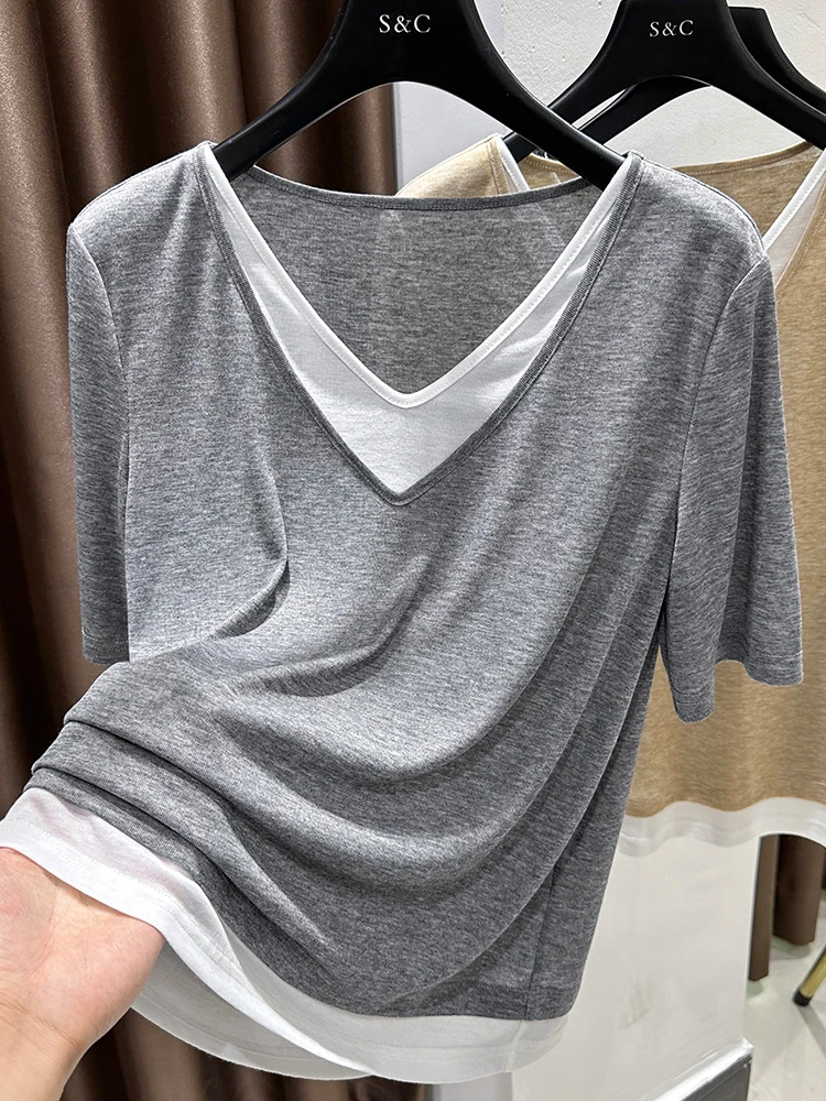 

ay Ice Silk Modal ort Sve Knitted T-irt V-Ne Splice Loose Women's Summer New Sle Base irt Top Commute Sle