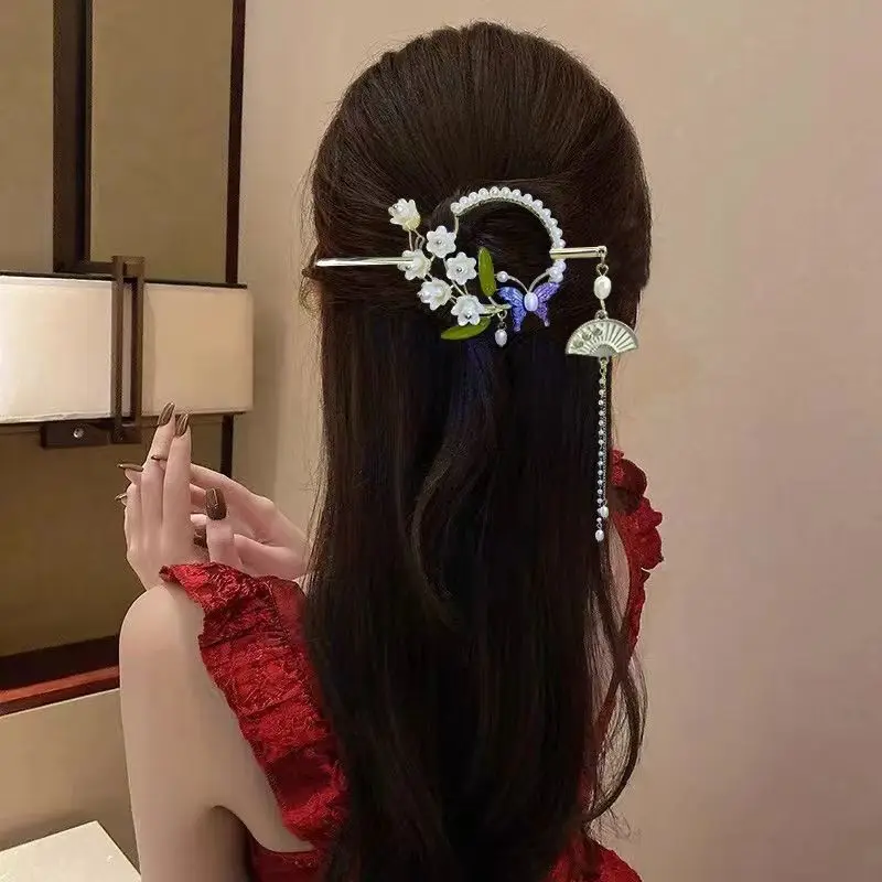 Chinese Style New Headwear Floral Hair Sticks for Women Tassel Hairpin Modern Hanfu Style Hair Clip Female Hair Accessories