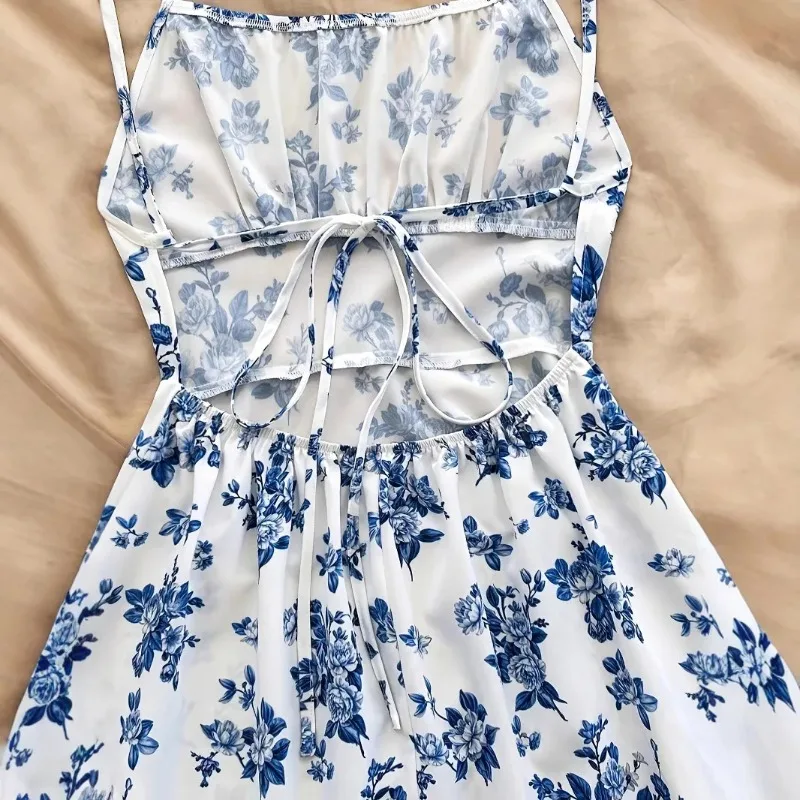 Elegant Floral Print Women's Summer Mini Dress Sexy Bohemian Backless Strap Sundress Casual Sleeveless Holiday Short Dresses