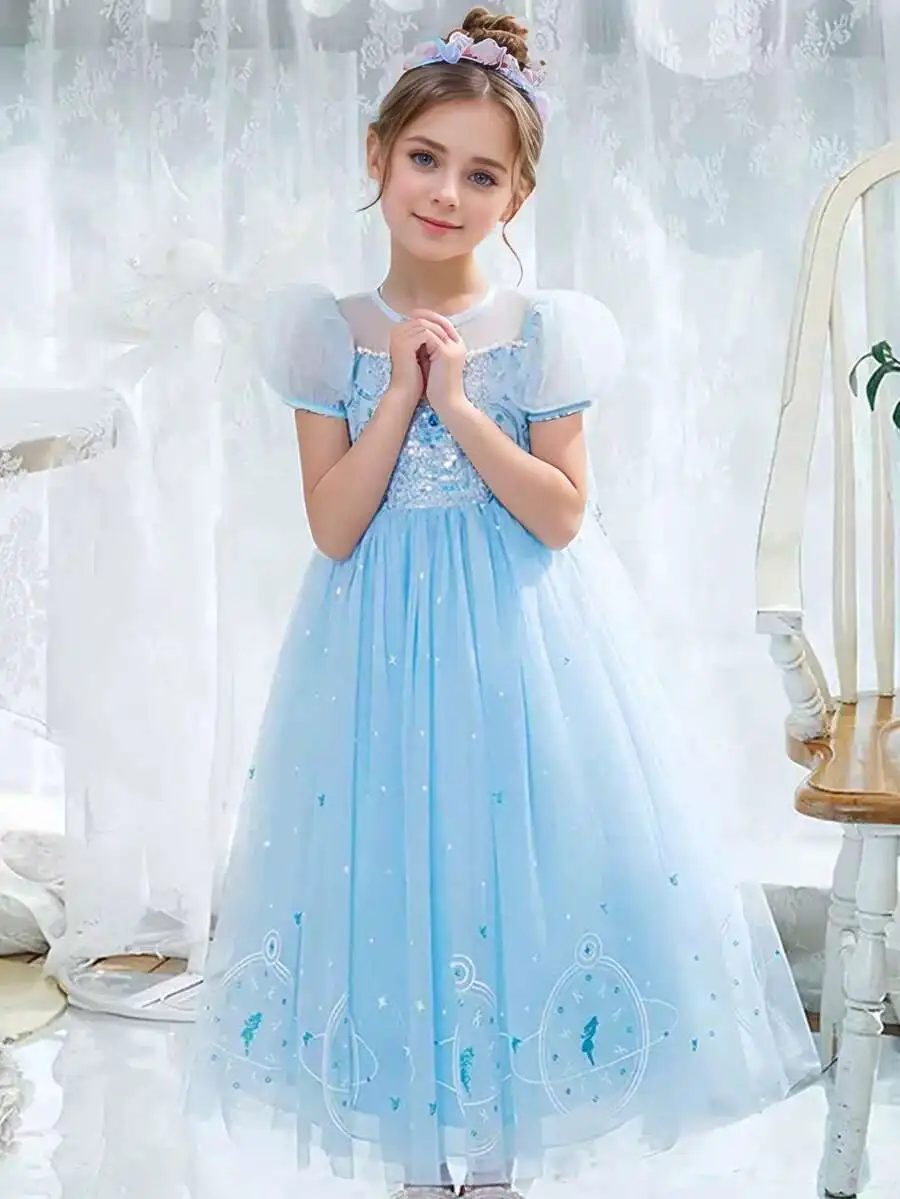 

Princess Tulle Evening Dress With Puffed Sleeves And Sequined Bodice