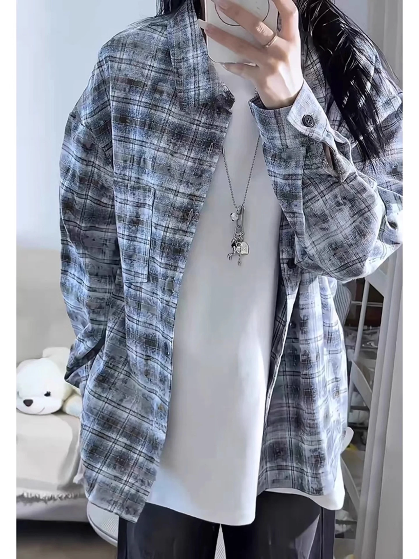 

Gray Coffee Dyed Plaid Long Sleeve Men's Shirt Early Autumn American Retro Design Coat Loose Fit Regular Length Button up