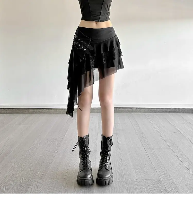 26SS Punk Lace Stitching Design Irregular Lace-up Skirt Women