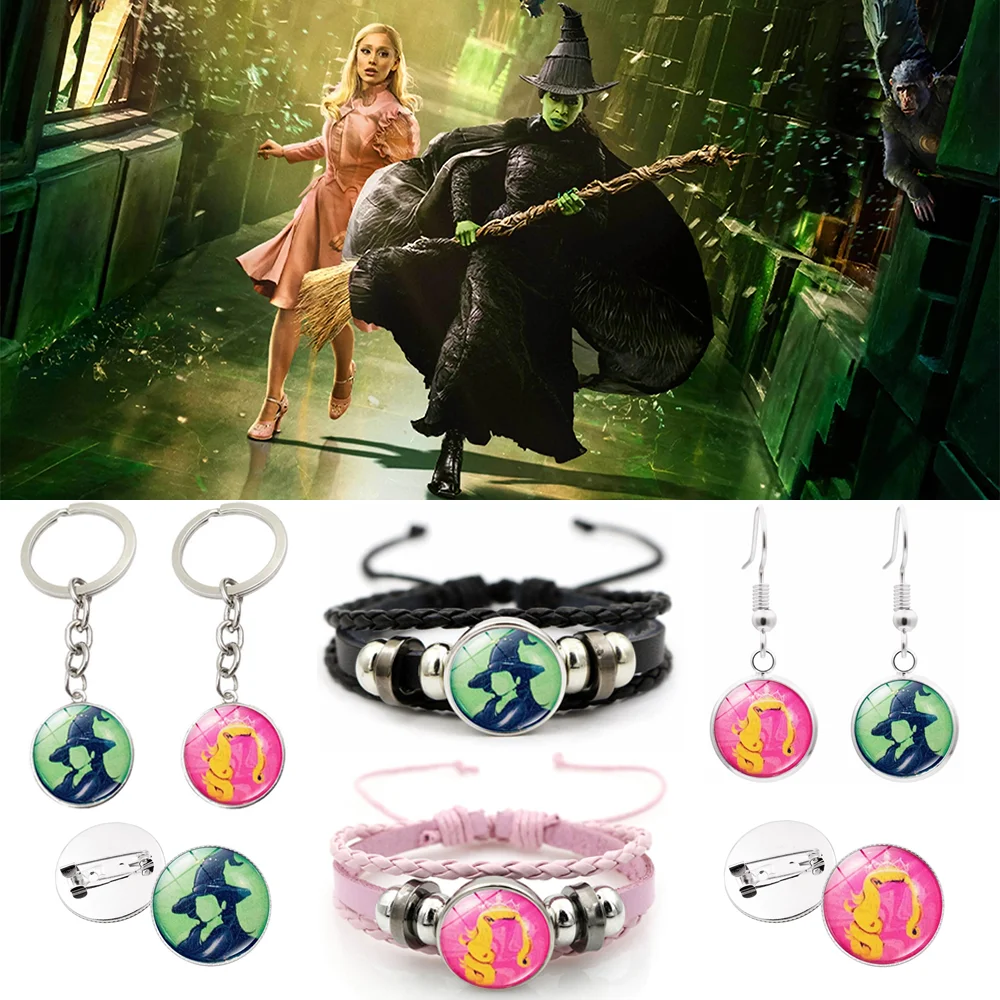 Wicked Elphaba&Linda Weave Leather Adjustable Bracelet Magic Hat Glass Snap Couple Bangle Keychain Brooch Pin Earring for Friend