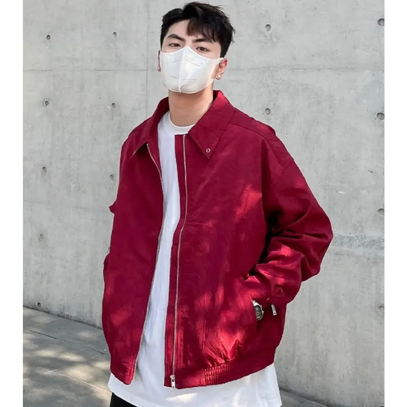 Autumn New Korean Fashion Men Jacket Red Pleated High-end Zipper Coat Casual Lapel American Vintage Jackets for Men and Women