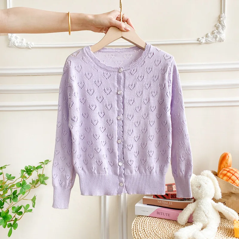 New spring and summer girls' knitted hollow heart pure cotton cardigan, lightweight and breathable air conditioning shirt, vacat