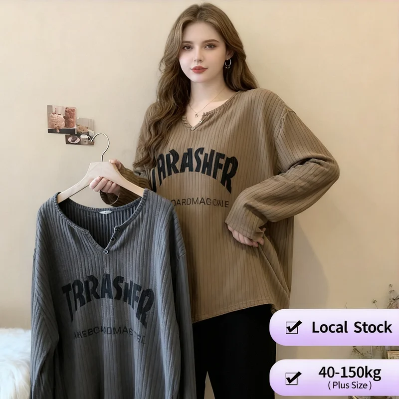 

【Большой размер】Корейская футболка с длинными рукавами и v-образным вырезом с буквенным принтом, свободная футболка с длинными рукавами большого размера, повседневная и модная