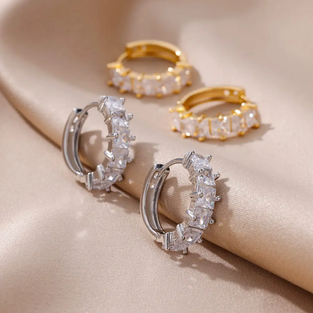 Cubic Zircon Round Hoop Earrings for Women Gold Color Stainless Steel Earrings New In Luxury Christmas Jewelry Party Gift