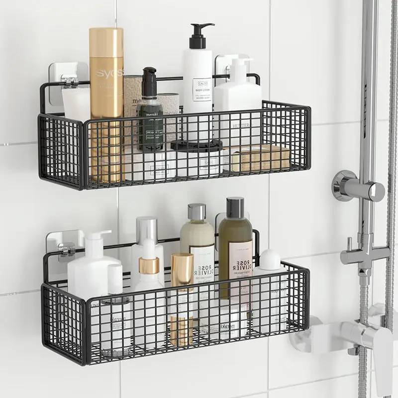 Black Wall-mounted bathroom shelf organizer Shampoo Rack Toilet Accessories Kitchen Free Punch Condiment Storage Basket