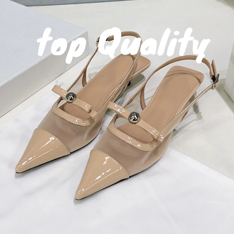 صنادل نسائية صيفية مدببة مصنوعة من الجلد بلون سادة وتصميم كعب منخفض 3.5 سم صنادل بكعب عالٍ #5