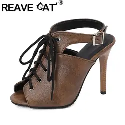 REAVE CAT Sexy Women Sandals Peep Toe Thin High Heels 11cm Lace Up Buckle Strap Plus Size 47 48 49 50 Fashion Dating Party Shoes
